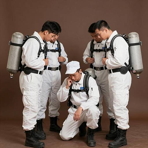 Team of Men in White Protective Suits with Oxygen Tanks
