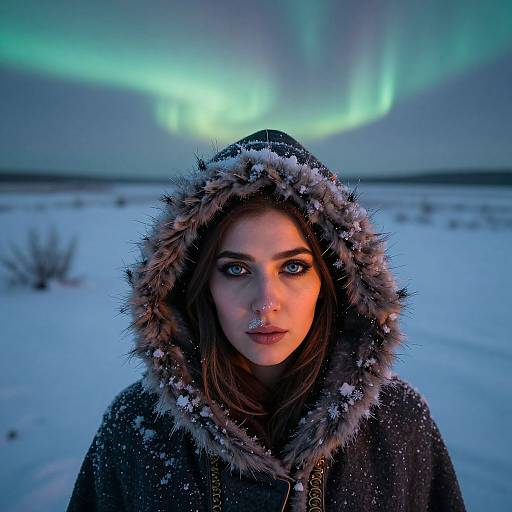 Photograph of a young woman with striking blue eyes, snow-covered fur hood, and black winter coat, standing in a snowy landscape under a vivid green