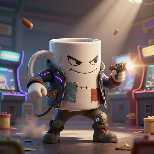 Anthropomorphic Coffee Mug Character in Cyberpunk Arcade