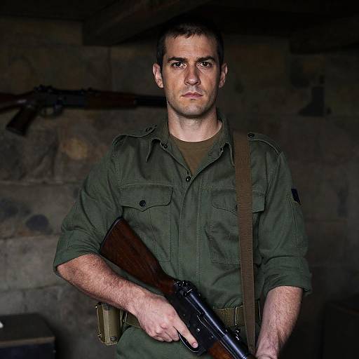Man in Military Shirt Holding Rifle Indoors