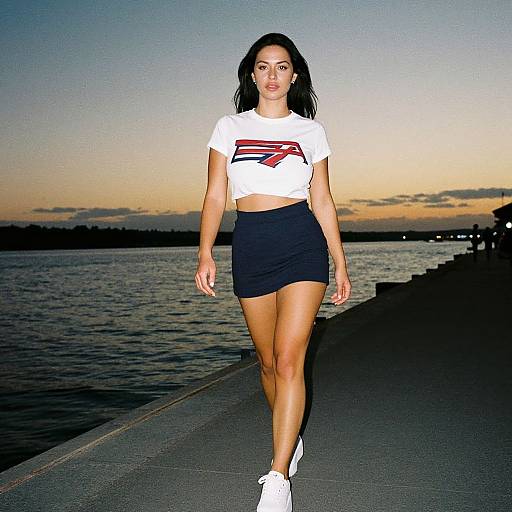 Photograph of a young woman with long black hair, wearing a white crop top with a logo, black mini skirt, and white sneakers, walking on