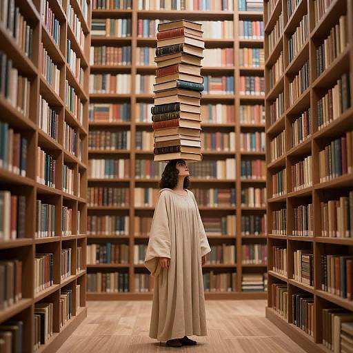 Photograph of a woman in a white robe, balancing a towering stack of books on her head, standing between two filled bookshelves in a library