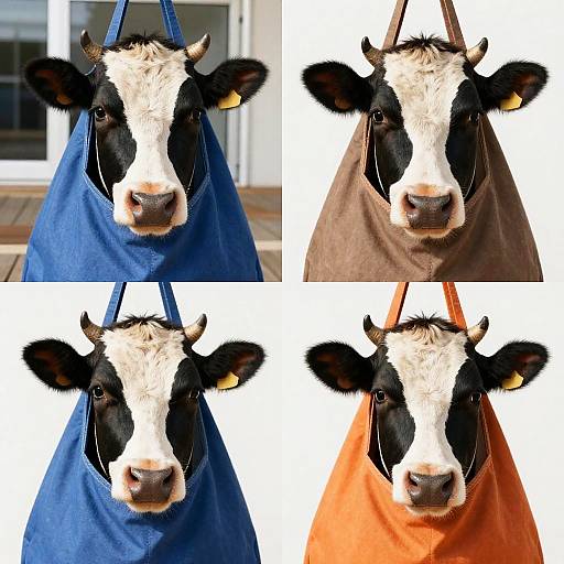 Photograph of a black-and-white cow with yellow tags in a blue, brown, and orange hanging bag, four close-up shots.