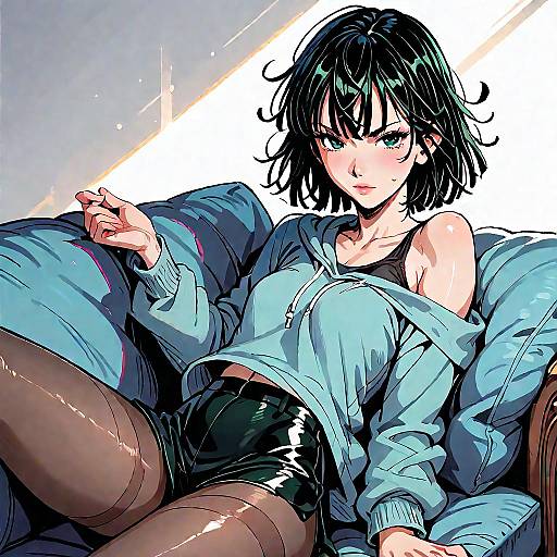 Anime-style digital drawing of a black-haired woman with blue eyes, wearing a loose blue hoodie, black tank top, and shiny black shorts, lounging