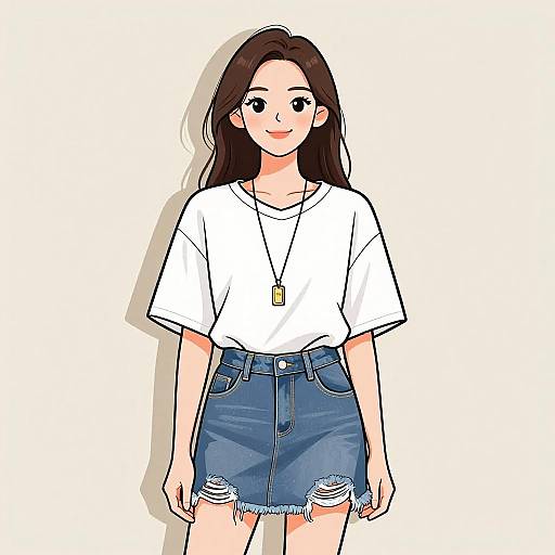 Digital anime-style drawing of a smiling young woman with long brown hair, wearing a white t-shirt, blue denim skirt with frayed edges, and a