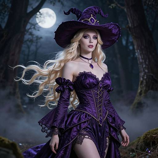 Photorealistic digital art of a blonde witch with long wavy hair, wearing a purple corset dress and hat, standing in a moonlit forest