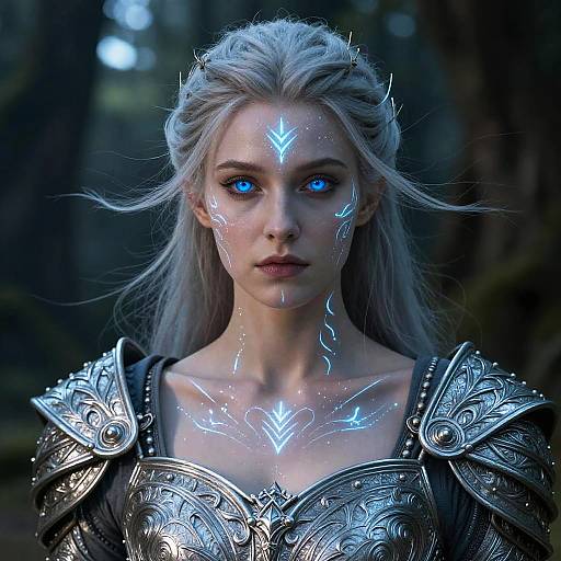 Digital art of a pale-skinned, blue-eyed woman with glowing white runes on her face and silver, ornate armor, in a dark forest.