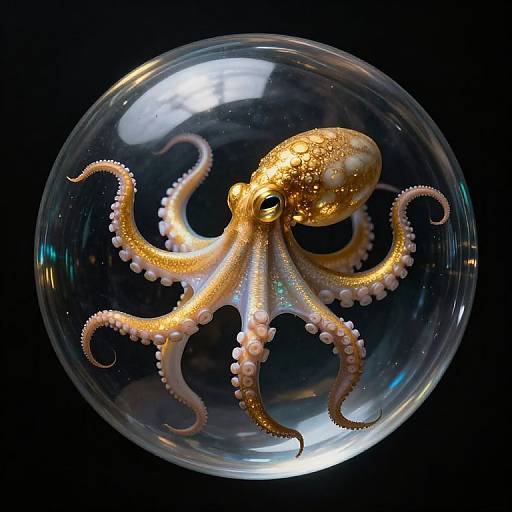Photorealistic CGI of a golden octopus with pink suckers inside a clear glass bubble against a black background.