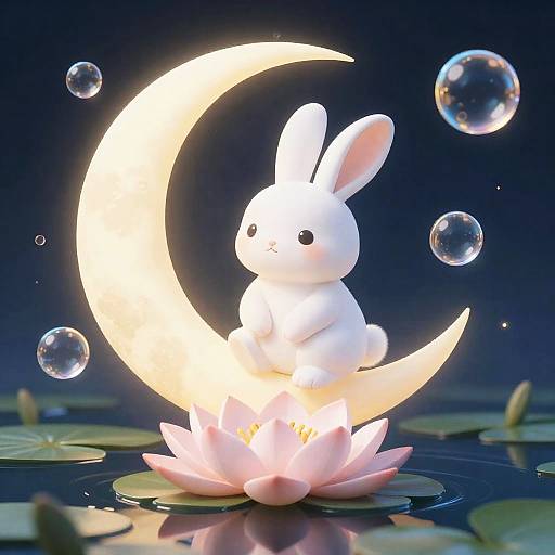 Whimsical Moon Rabbit on Crescent Moon