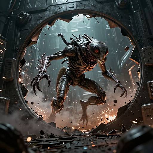 Digital artwork of a terrifying, metallic, alien creature with sharp claws and glowing red eyes bursting through a circular spaceship hatch, surrounded by debris and fiery explosions