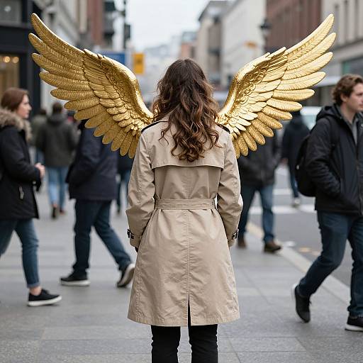 Photograph of a woman with long brown hair, wearing a beige trench coat and gold feathered wings, standing in a busy urban street with pedestrians.