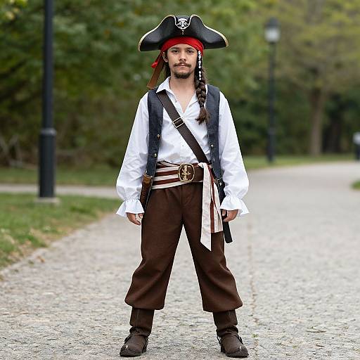 Photograph of a young man with long brown hair, red headband, and pirate costume standing on a gravel path in a park.