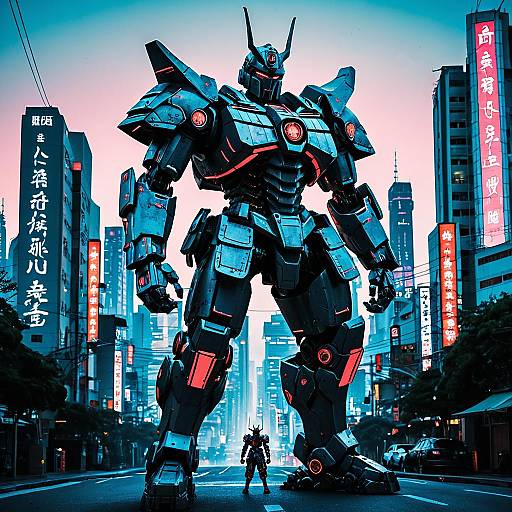 Giant Samurai Robot in Futuristic Neon City