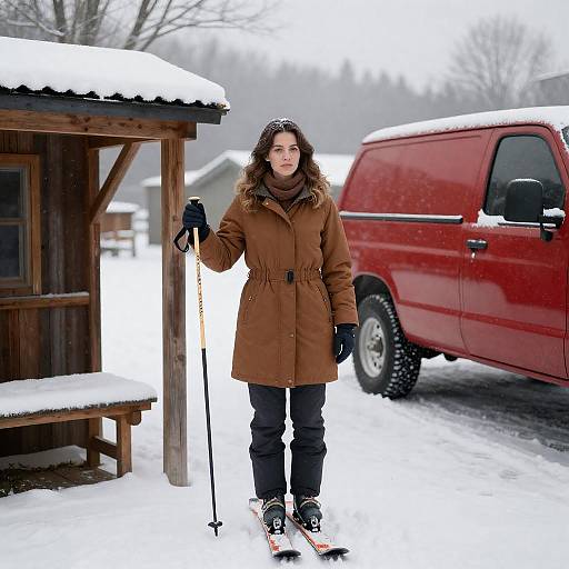 Winter Woman with Ski Pole in Snow