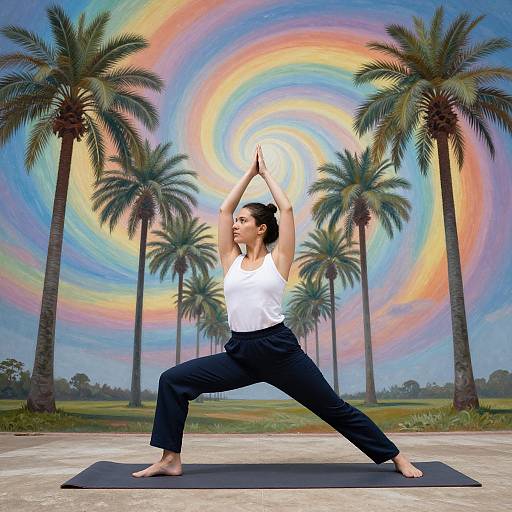 Surreal Yoga Amid Rainbow Rubber Palms
