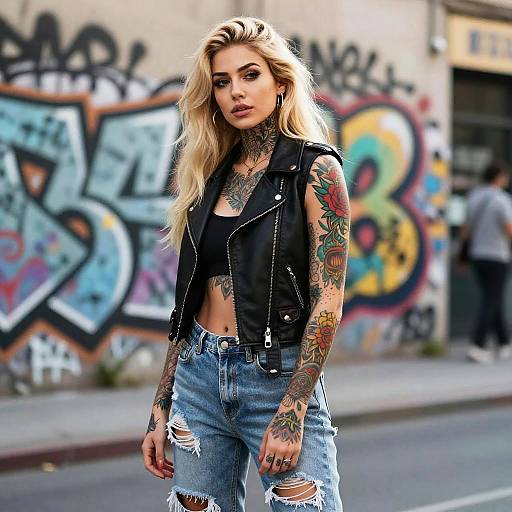 Tattooed blonde woman with long hair, black sleeveless leather vest, and ripped jeans, standing in front of colorful graffiti wall. Photographic