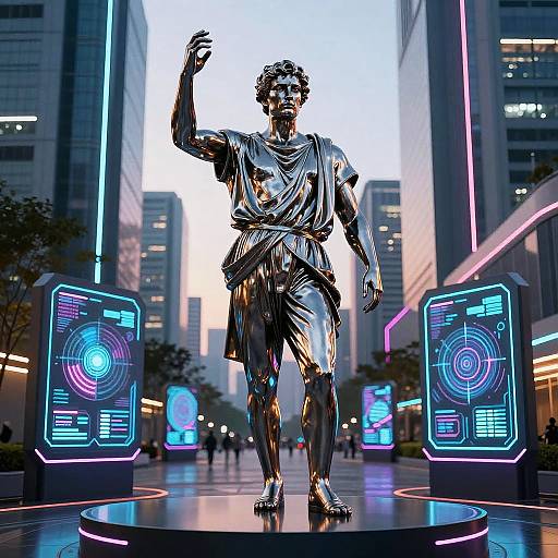 Futuristic Stoic Statue in Cyberpunk Plaza