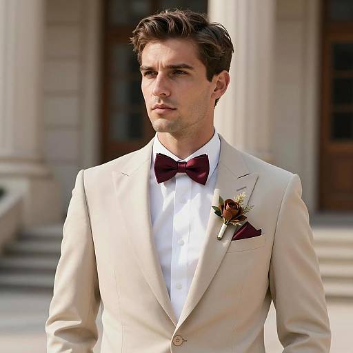 Groom in Beige Suit with Maroon Bow Tie