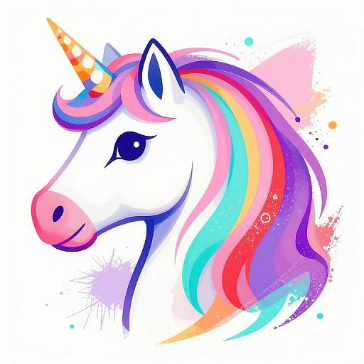 Digital illustration of a white unicorn with a colorful, rainbow-maned head and a glowing orange and white horn, set against a splattered, white background