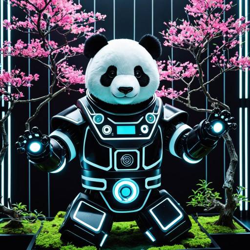 Anime Style Robot Panda with Bonsai Trees