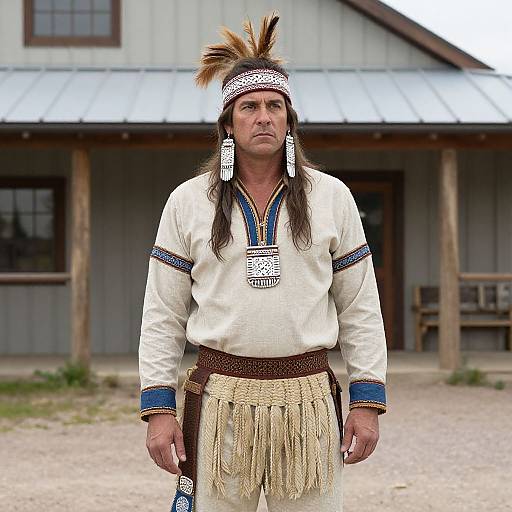Photograph of a serious, middle-aged Native American man with long hair, feathered headdress, and traditional white shirt with blue trim, standing in