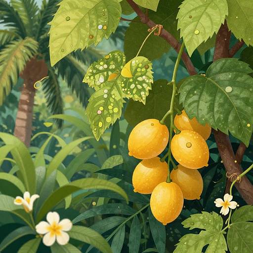 Photograph of bright yellow lemons hanging on a lush green tree, with droplets of water on leaves, surrounded by tropical foliage and white plumer