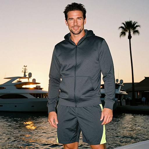Photograph of a handsome, dark-haired man with a light beard, wearing a black zip-up hoodie and shorts, standing on a dock at sunset with