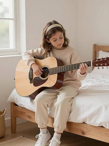 Girl Practicing Guitar in Cozy Room