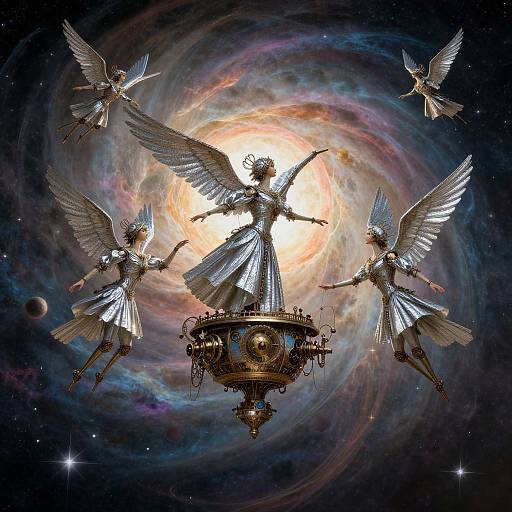 Digital art of five silver-winged angels with metallic dresses, floating around a glowing, swirling galaxy on an ornate, golden pedestal.