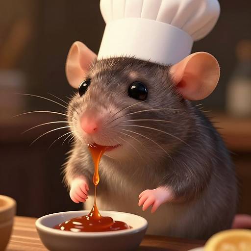 Digital artwork of a grey and white mouse wearing a white chef's hat, licking syrup from a bowl with tiny hands.