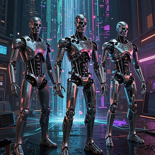 Neon-lit cyberpunk scene of three shiny, silver robotic humanoid figures standing in a futuristic cityscape, with vibrant blue and pink LED lights in