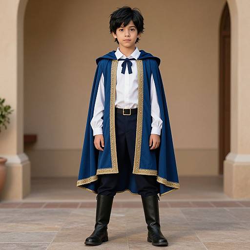 Photograph of a young boy with dark hair, wearing a blue and gold-trimmed cape, white shirt, black pants, and boots, standing