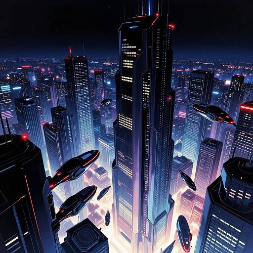 Neon-lit futuristic cityscape at night, featuring towering skyscrapers and hovering black spaceships with red lights, illuminated by vibrant blue and white