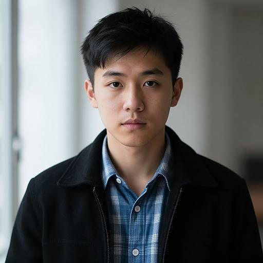Photograph of a young Asian man with short black hair, wearing a black jacket over a blue checkered shirt, standing in a bright, blurred indoor