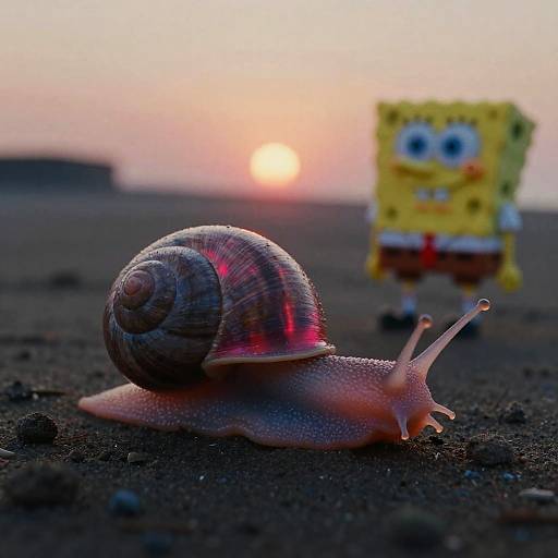 Close-Up of Neon Subsurface Scattering Snail at Sunset with SpongeBob Figure