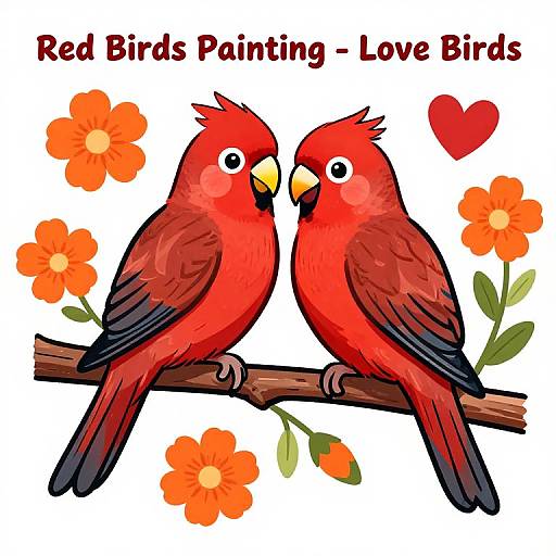 Digital illustration of two red birds with black wings and yellow beaks, facing each other on a branch, surrounded by orange flowers and a red heart,
