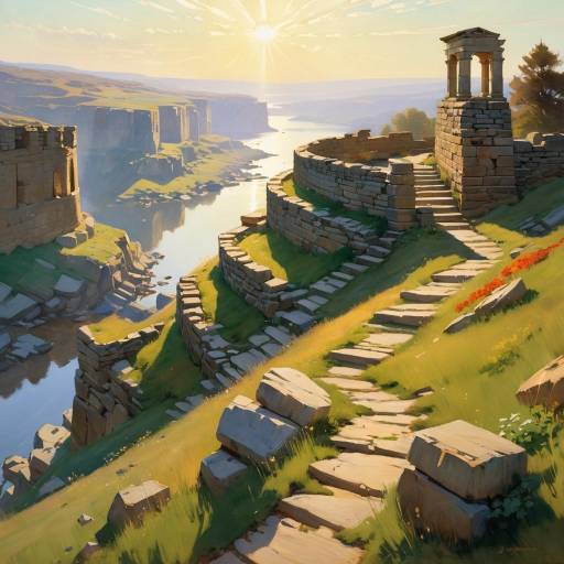 Ancient Stone Pathway by River Gorge at Sunrise
