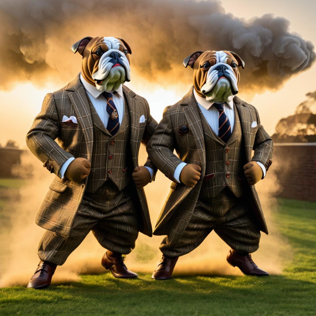 Dynamic Bulldogs in Tweed at Sunset