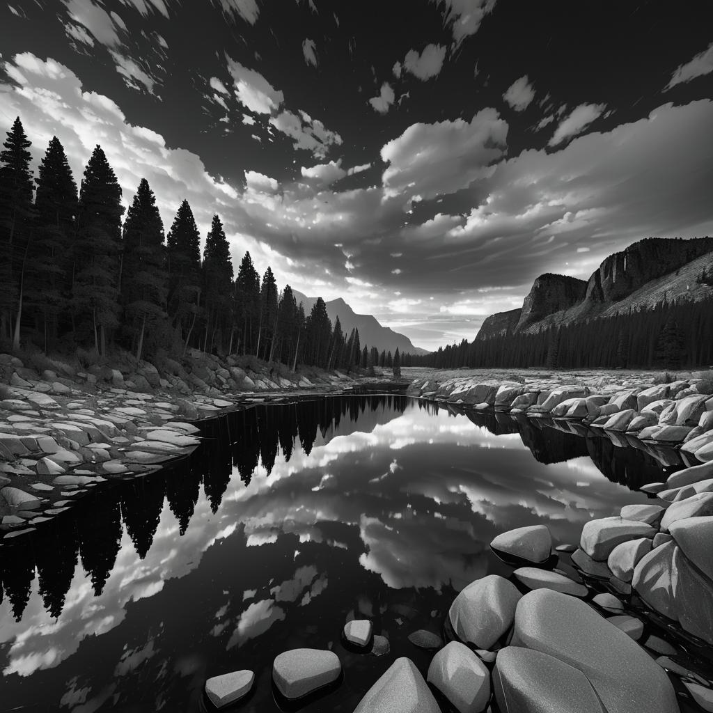 Dramatic Black-and-White Riverbend Scene