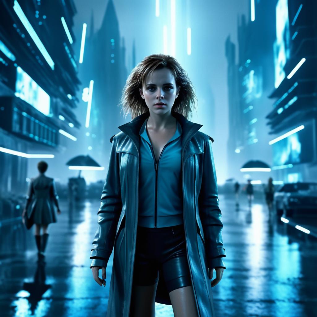 Hermione Granger in a Futuristic Noir Scene