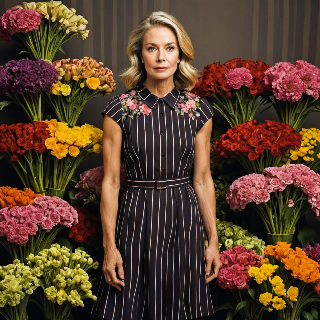 Surprised Florist in Striped Dress