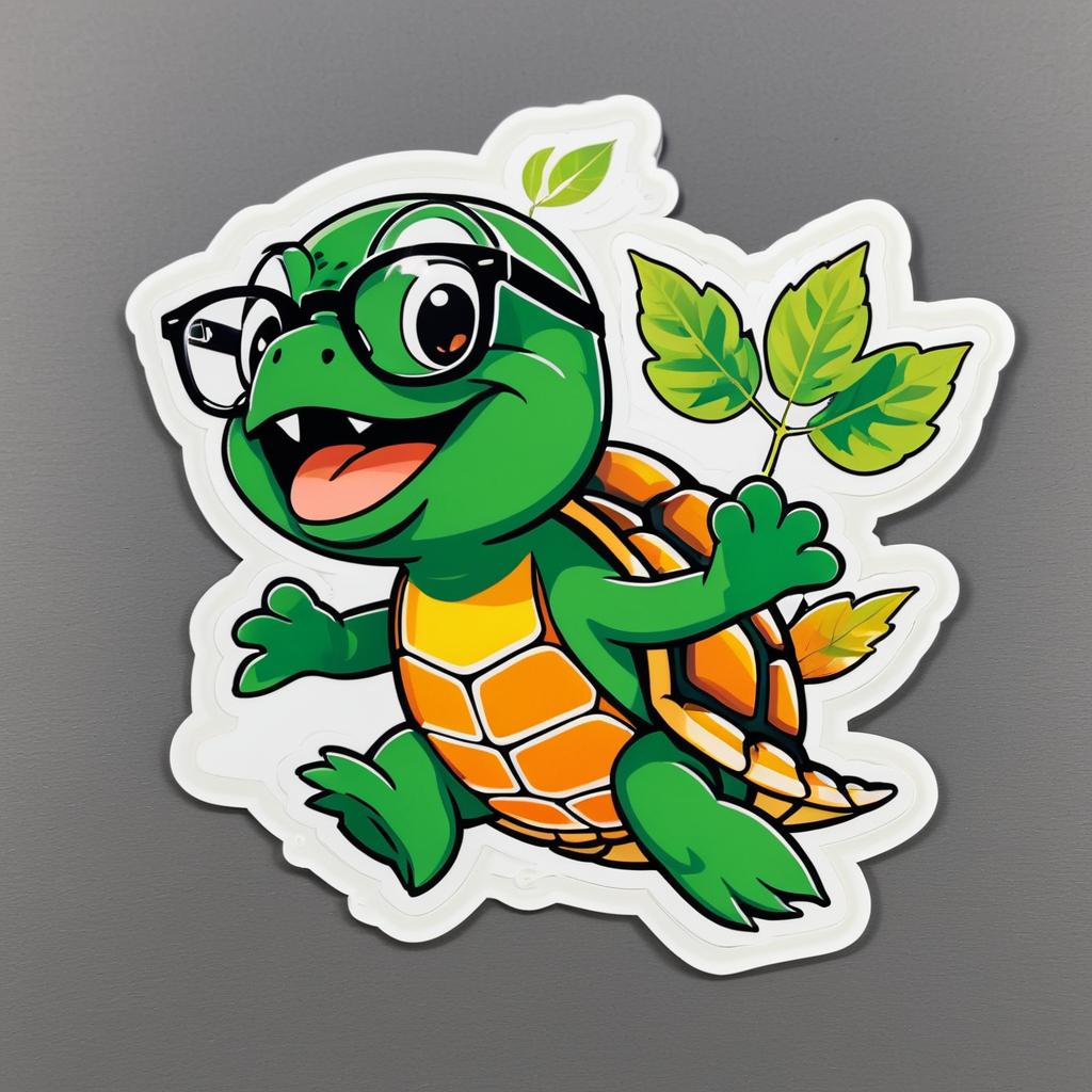 Whimsical Turtle Sticker Catching a Leaf