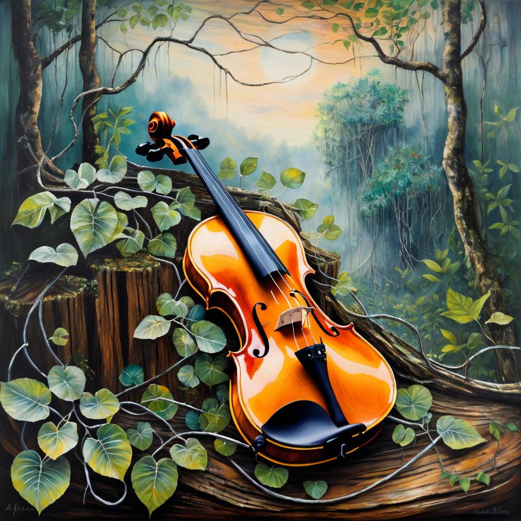 Surreal Violin Amidst Tropical Vines