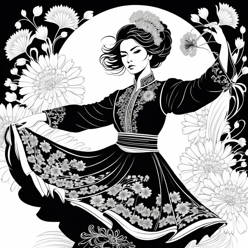 Dynamic Cossack Dancer with Chrysanthemums