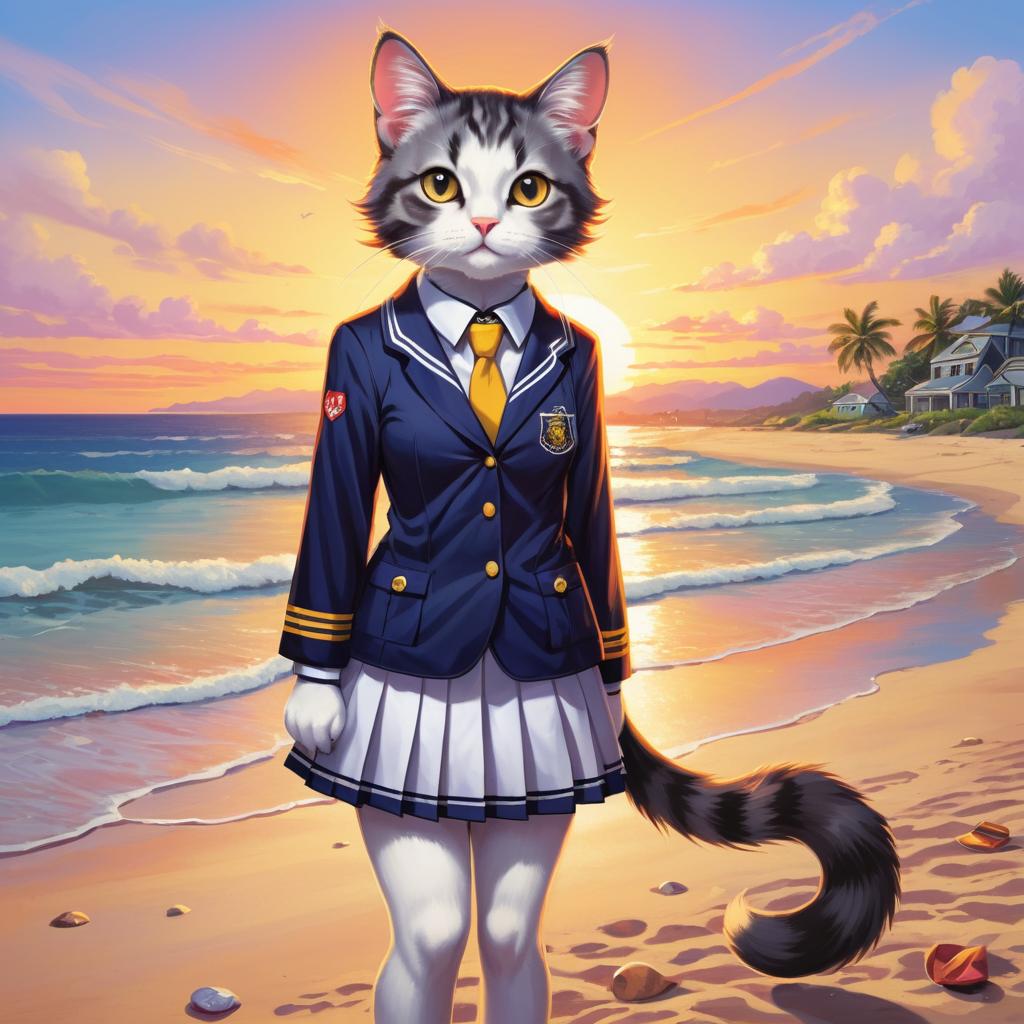 Vibrant Ecchi Cat at Beach Sunset