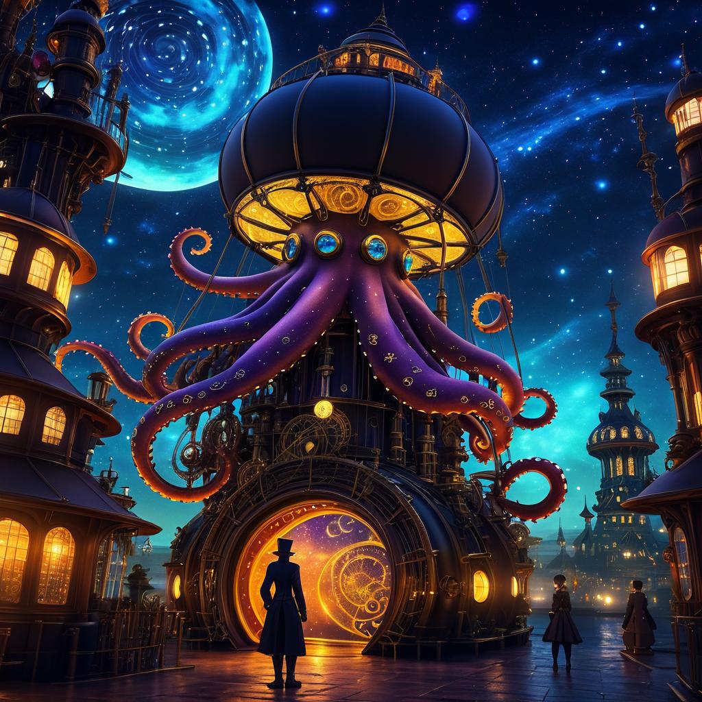 Steampunk Nightscape with Giant Octopus