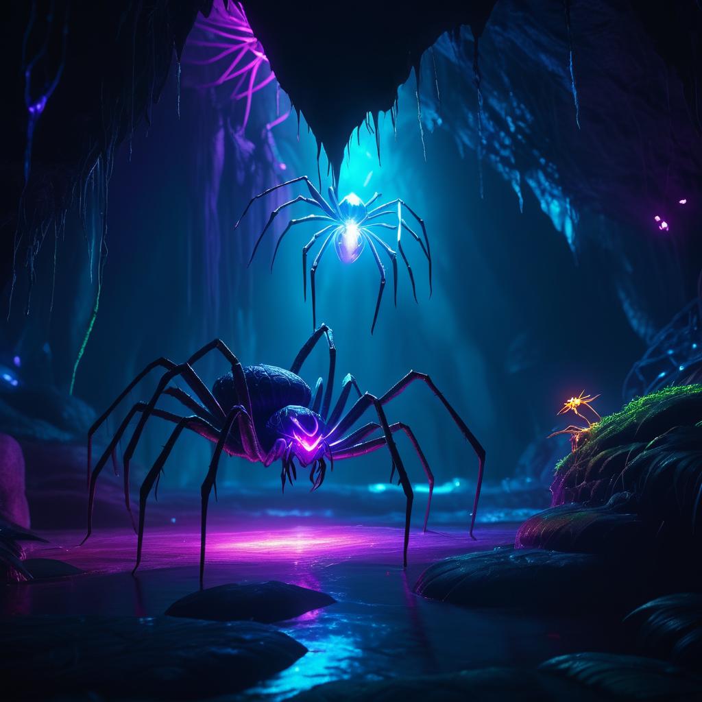 Giant Spider and Fairy in Neon Cave