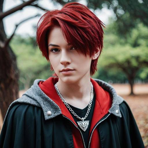Young man with red hair in cosplay outdoors