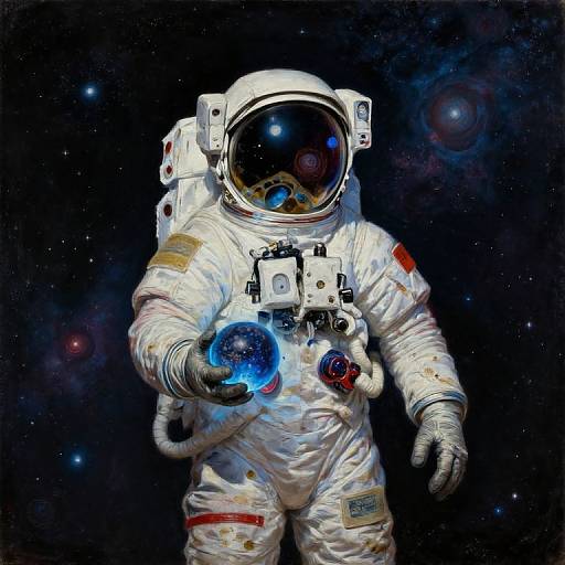 Digital artwork of an astronaut in a white spacesuit holding a glowing blue orb, against a dark, starry space background.