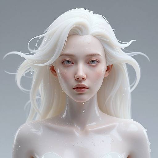 Digital art of a pale, ethereal woman with white, flowing hair and wet skin, gazing forward against a gradient gray background.